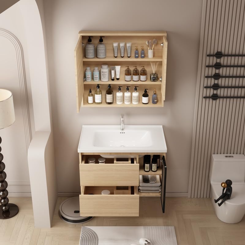Tocador de baño de 32 pulgadas montado en la pared, tocador de baño con fregadero de cerámica, tocador de baño moderno con 2 cajones de cierre