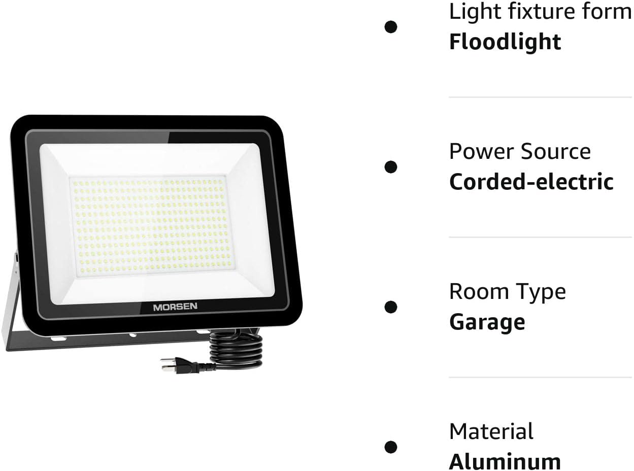 MORSEN Paquete de 2 luces LED de 300 W, luces de seguridad superbrillantes de 30000 lm, enchufe certificado UL, luz de inundación impermeable IP66