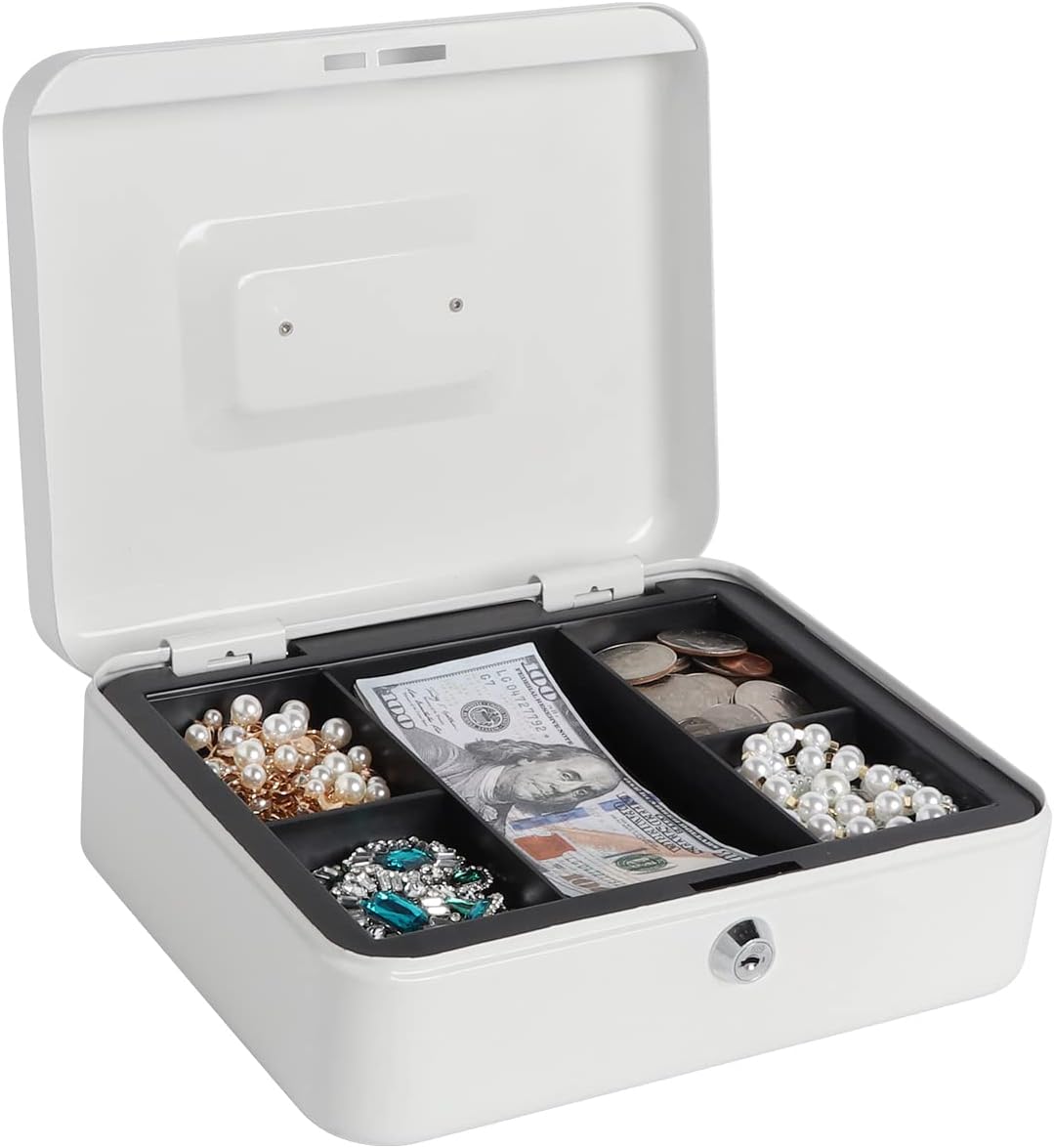 Kasten Caja de efectivo con bandeja para dinero y cerradura de llave, organizador de dinero para efectivo, 9.84 x 7.87 x 3.54 pulgadas, blanco medio