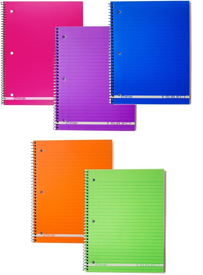 Top Flight Boss Poly Cover – Cuaderno de alambre de 1 materia, 90 hojas, 3 agujeros perforados, regla ancha, 10.5 x 8 pulgadas, 1 cuaderno, el color