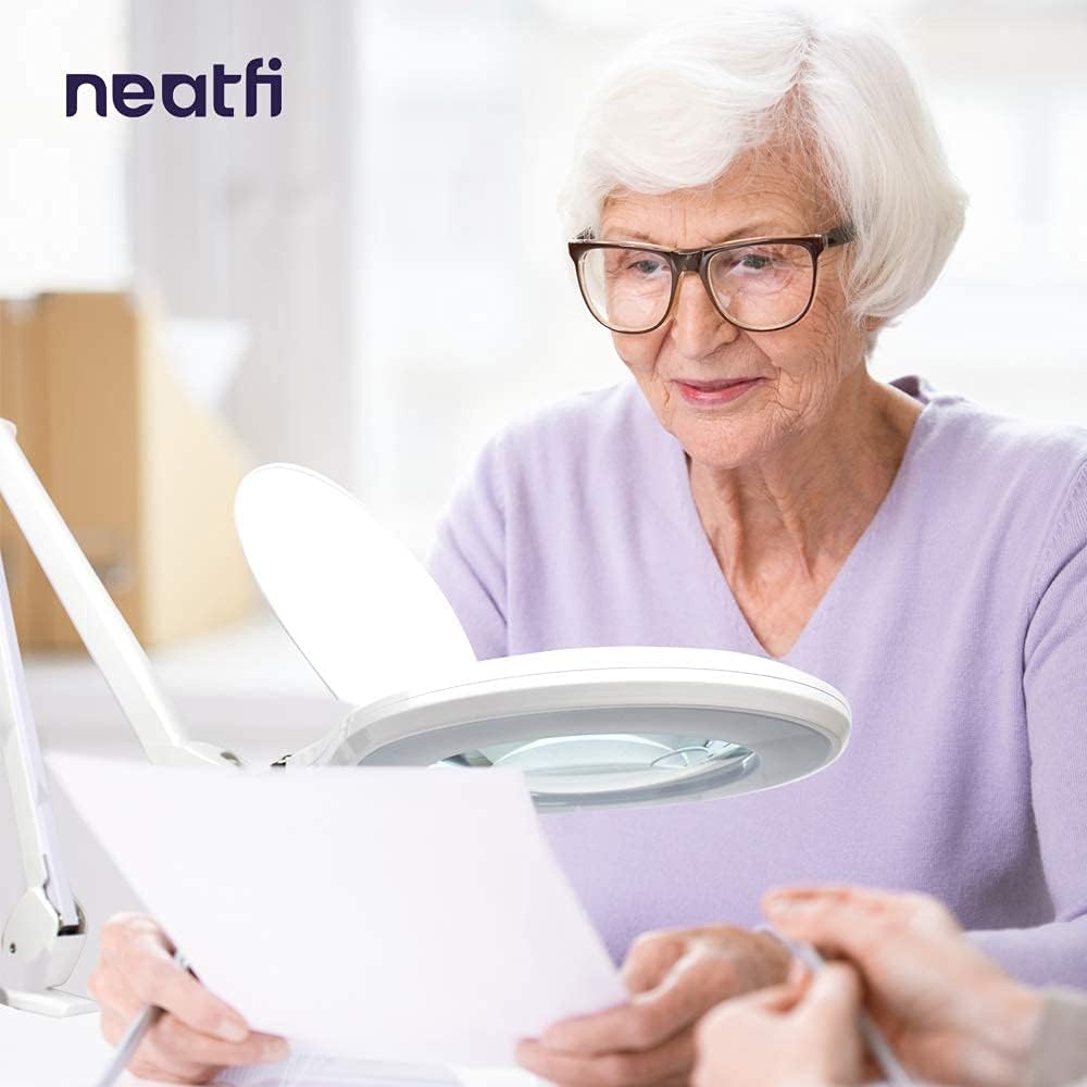 Neatfi Elite XL HD Bifocals Super LED – Lámpara de aumento con abrazadera, lente de vidrio, 6000-7000K, sin deslumbramiento, atenuación no polar