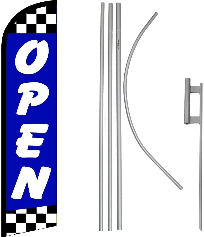 Premium Open With Checkered Windless Flag & 16′ Flagpole KitGround