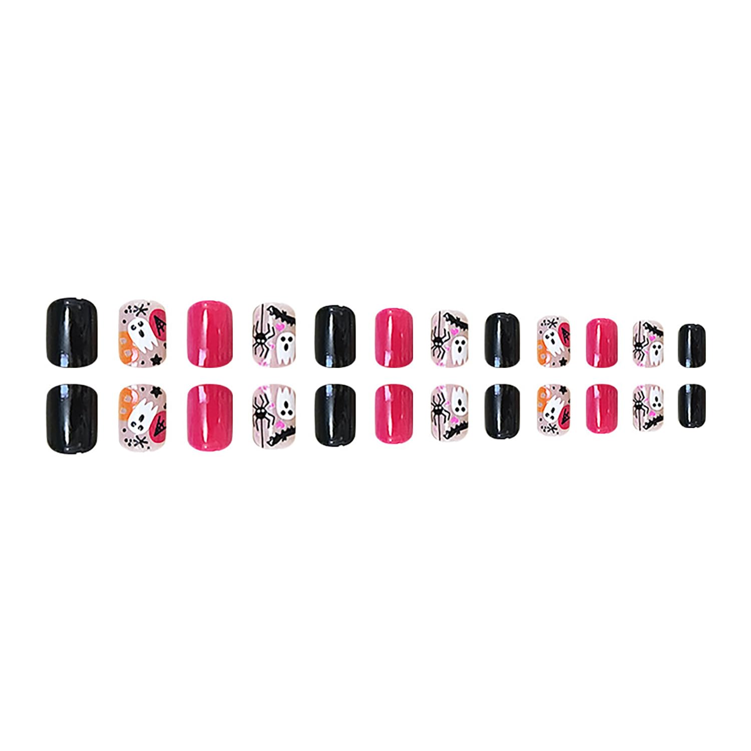 Uñas postizas cuadradas cortas a presión, uñas postizas de Halloween, uñas acrílicas rosas y negras, fantasma, araña, murciélago, diseños de