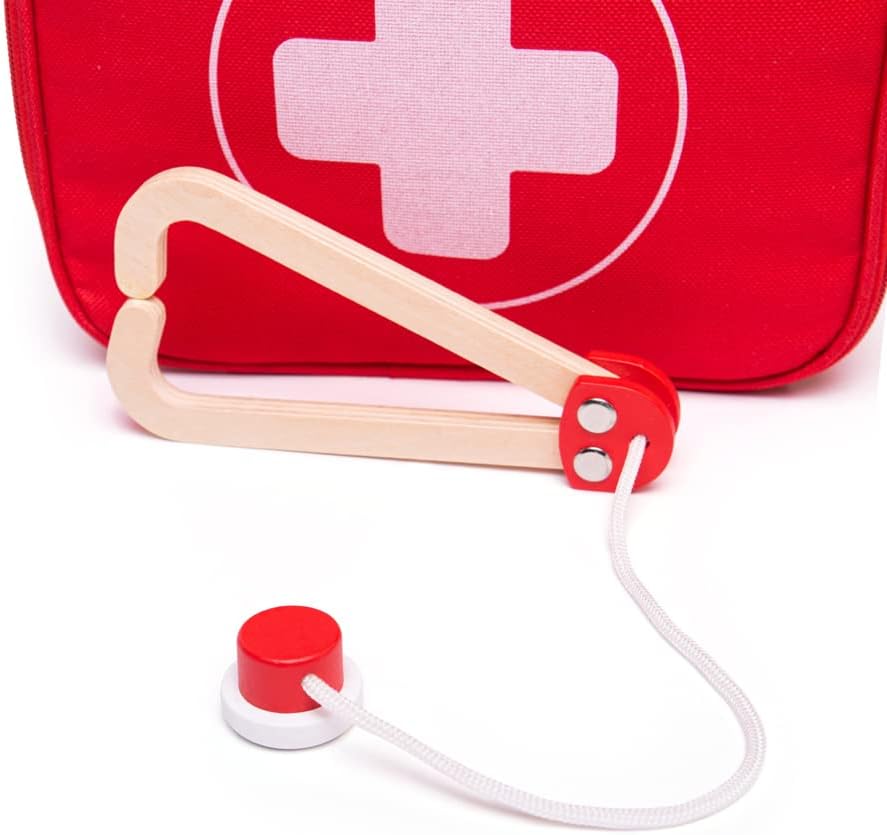 Bigjigs Toys Juego de médicos para niños, juego de médicos de madera de 10 piezas con estetoscopio para niños, termómetro, medicina y más en estuche
