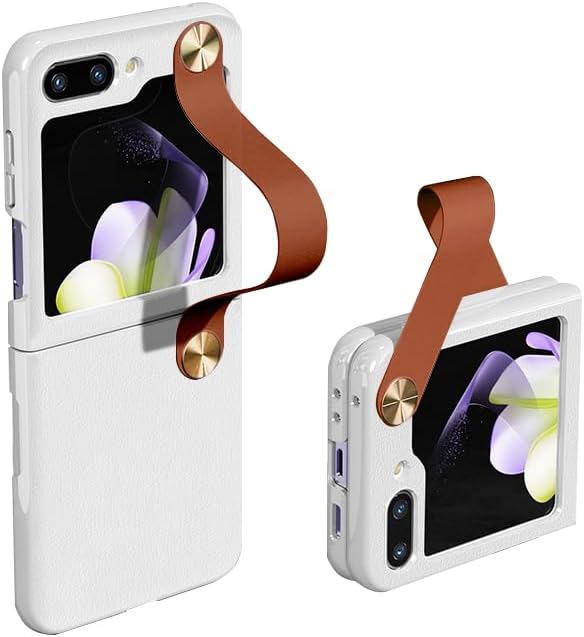 Funda con correa de muñeca para Galaxy Z Flip5, cuero clásico sobre duro a prueba de golpes, PC con pulsera ajustable, funda de protección para