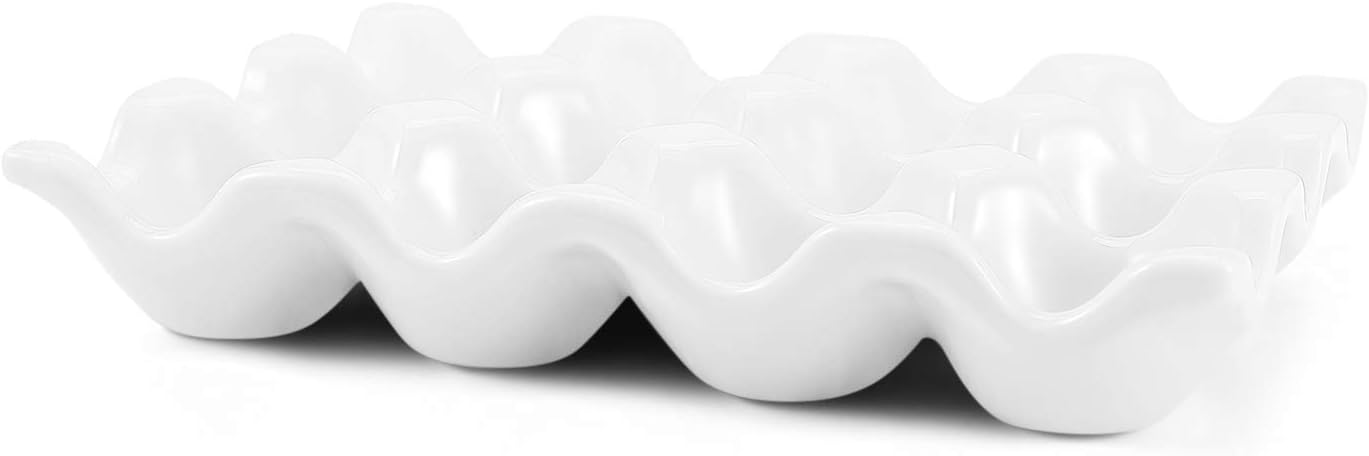 Flexzion Bandeja de cerámica para huevos de 12 tazas, docena entera de porcelana para huevos, organizador de almacenamiento, soporte decorativo para