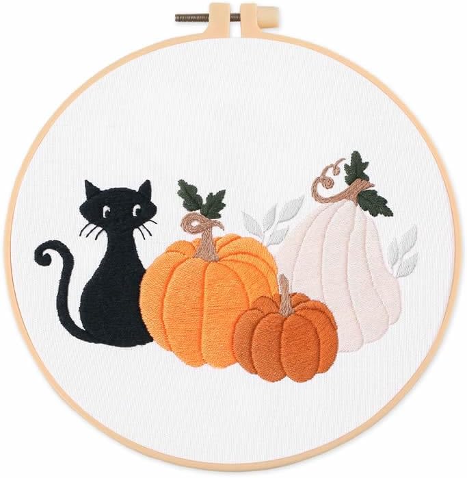 Kits de iniciación de bordado estampado con patrón para principiantes, gato negro y calabaza con aros, hilos de color, kits de punto de cruz,