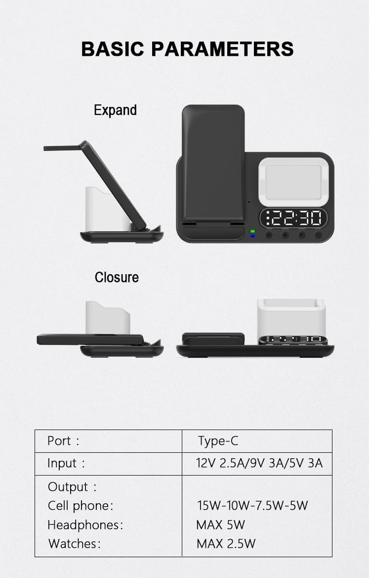 Plegable 6 en 1 con 2 bobinas, soporte de cargador inalámbrico rápido de 15 W y con reloj despertador digital y luz nocturna para iPhone 141312