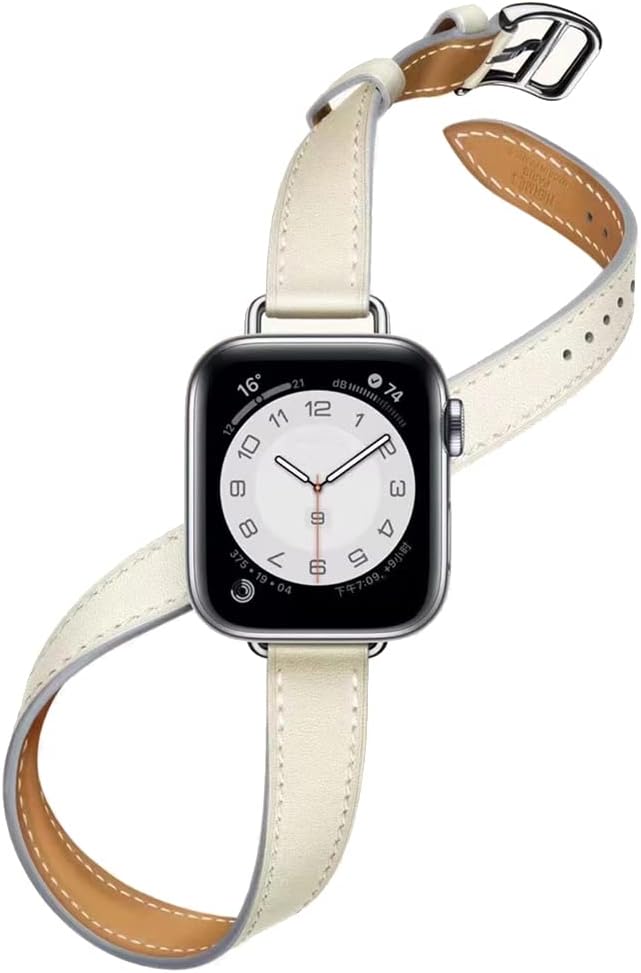 Double Tour – Correa de cuero genuino para iWatch Series 876SEUltra54321, correa delgada de repuesto ajustable para Apple Watch Band 1.496 in 1.575