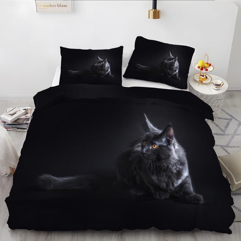 Juego de funda de edredón con estampado de animales de Maine Maine y gato negro, tamaño Queen, funda de edredón de microfibra suave y 2 fundas de