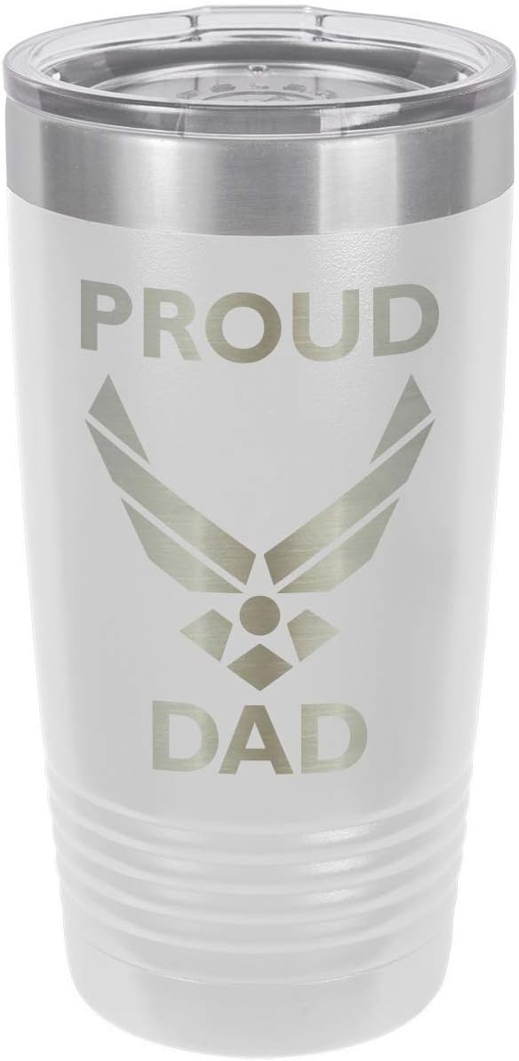 PROUD AIR FORCE DAD DAD WHITE Vaso de bebida de 20 oz con pajita  Taza de viaje grabada con láser  Comparar con Yeti Rambler  Idea de regalo papá