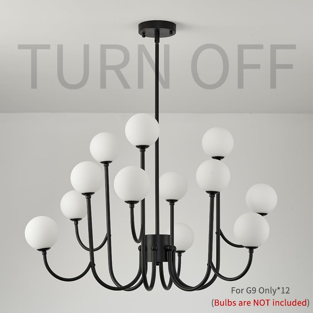 Moderno candelabro negro de mediados de siglo con 12 luces con globo de cristal, lámpara colgante de techo de metal Sputnik grande para sala de