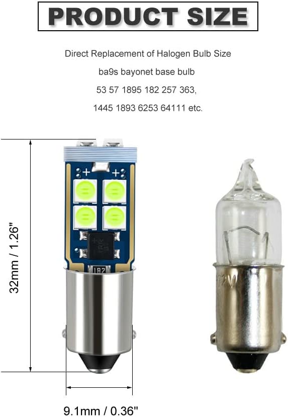 DODOFUN BA9S – Bombilla de repuesto para interior de automóvil, color azul hielo, base de bayoneta, BA9, 53, 57, 1445, 1895, 64111, tamaño de