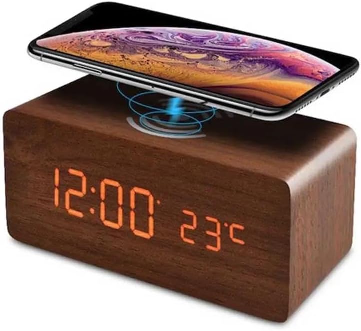 Reloj despertador digital, pantalla LED electrónica de madera, 3 ajustes de alarma, carga inalámbrica de 18 W, día de la semana, detección de