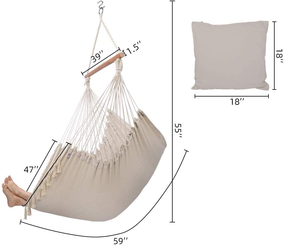 Silla hamaca XXL para colgar en interiores y exteriores, con bolsillo lateral, 2 cojines, bolsa de transporte, todos los accesorios para colgar,