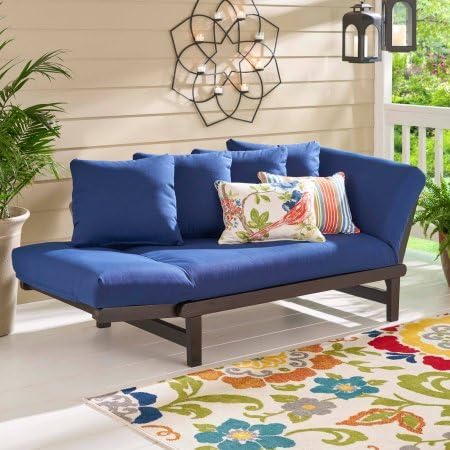 Sofá convertible al aire libre sofá cama futón asiento profundo ajustable madera muebles de patio con cojines azules