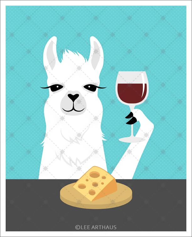 A 6J – White Llama Drinking Wine and Eating Cheese UNFRAMED Wall Art Print by Lee ArtHaus