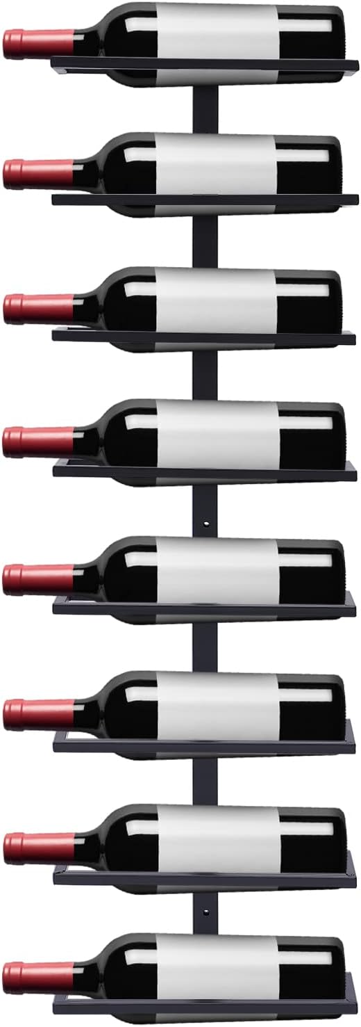 LEYSRIS Estante de vino de pared de 8 niveles, fácil acceso, almacenamiento de metal para vino negro, ahorro de espacio, con 8 botellas