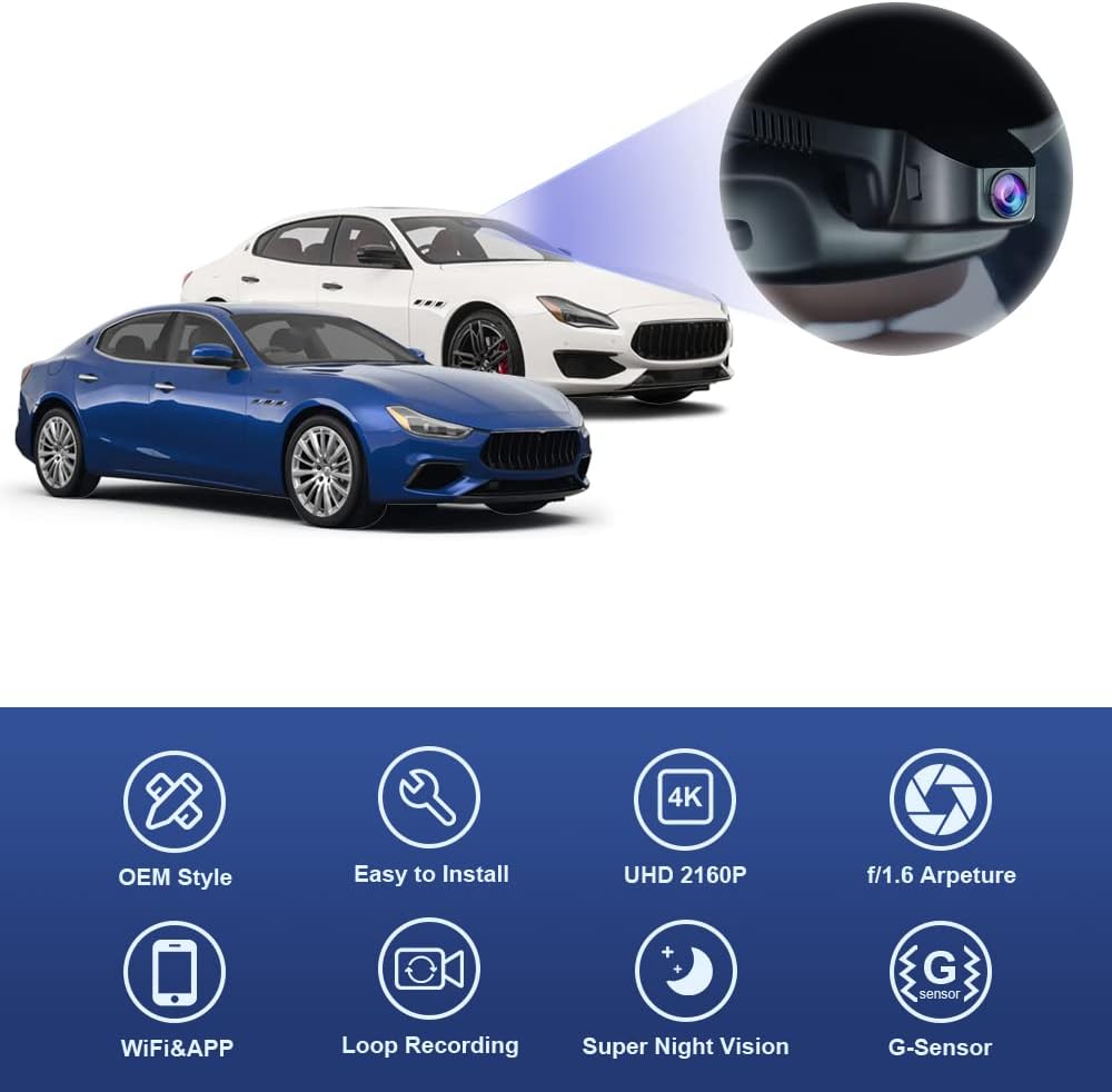 Fitcamx Cámara de tablero 4K adecuada para Maserati Quattroporte Ghibli GT S Q4 Gransport 2017 2018 2019 2020 2021 2022, aspecto OEM, video WiFi