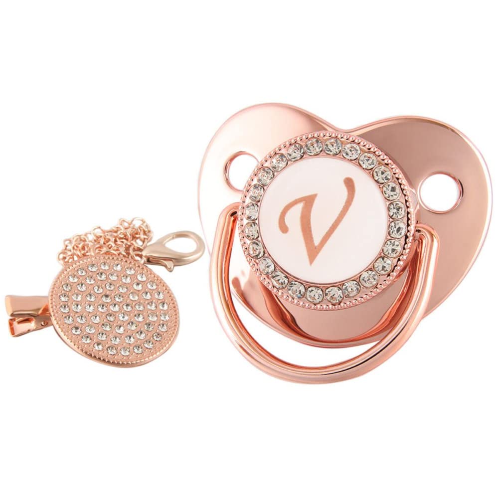 Chupete y clips para bebé con diamantes de imitación, oro rosa, iniciales de 26 letras, personalizable, para bebé, recién nacido, chupete para la