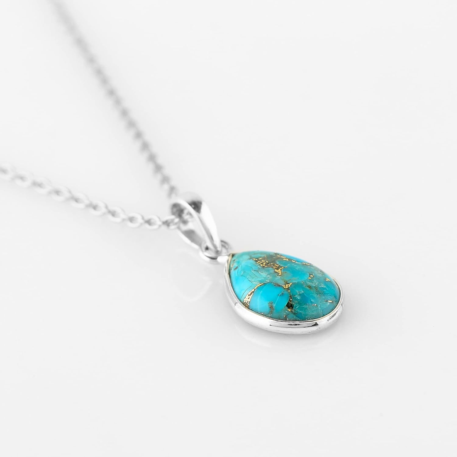 Solid 925 Sterling Silver Necklace – Natural Blue Turquoise Gemstone Bezel Pendant – Designer Boho – Handmade – Elegant Jewelry – Minimalist – Gift