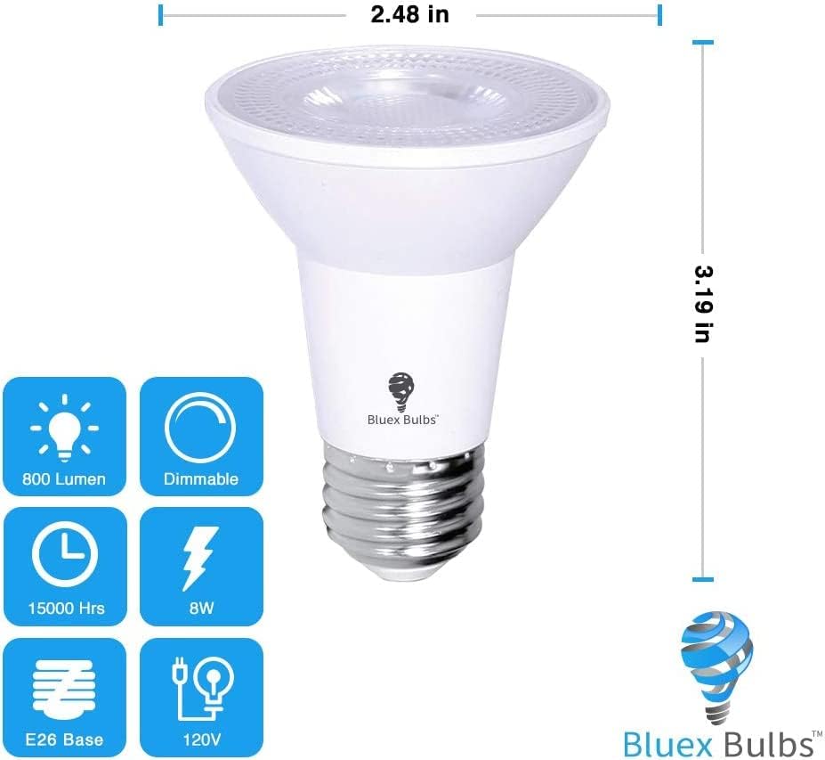 PAR20 – Paquete de 10 bombillas LED de inundación para exteriores, 8 W, 75 W, equivalentes a 500 lúmenes, regulables, impermeables, E26, 4000 K,