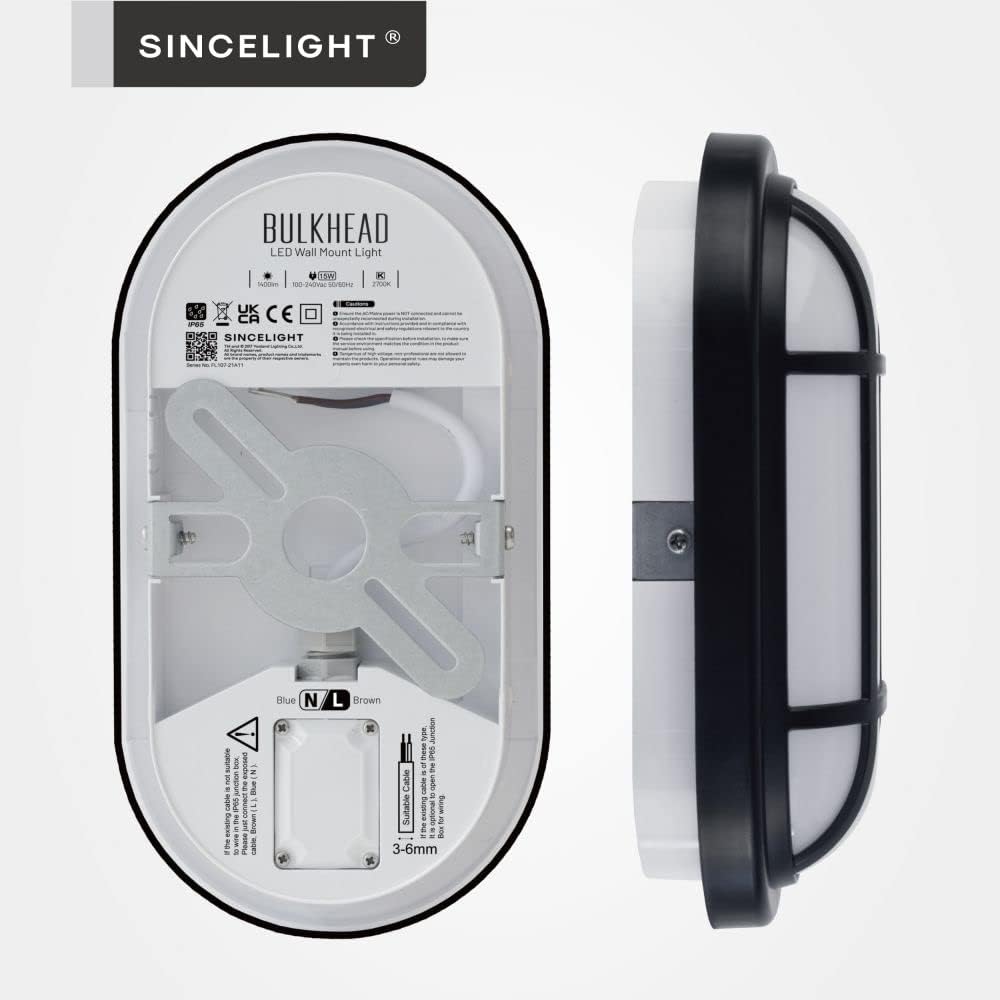 SINCELIGHT Lámpara LED ovalada para montaje en pared y techo, difusor de ópalo, impermeable IP65 para uso en interiores o exteriores, 15 W, blanco