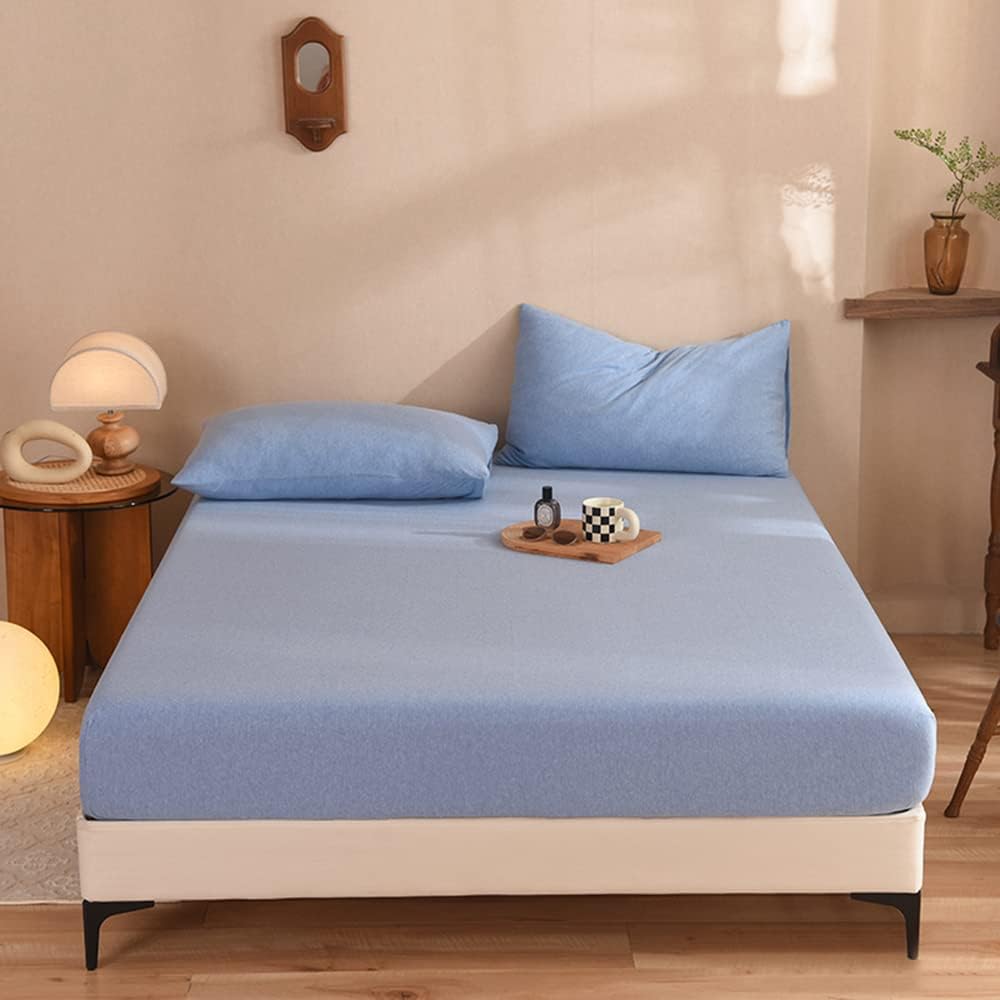 Mengersi Sábana bajera ajustable 100% de algodón de punto jersey, 1 sábana bajera, funda de colchón con bolsillo extra profundo (azul,