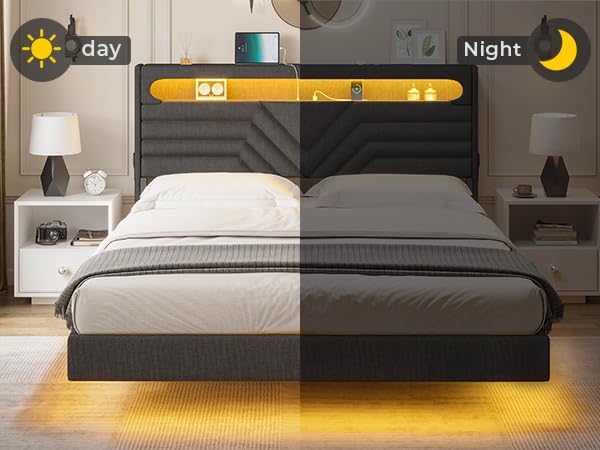 Base de cama flotante Queen con cabecera de almacenamiento y luces LED, base de cama tapizada tamaño Queen con estación de carga tipo C y USB,