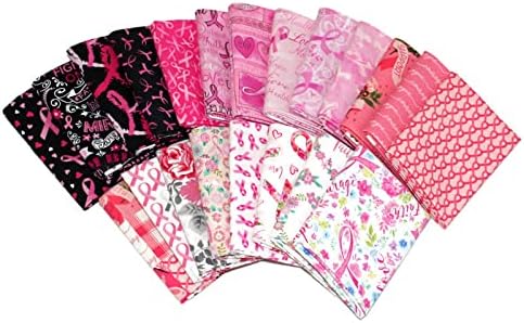 10 Fat Quarters – Cintas rosas para concientización sobre el cáncer de mama, sobrevivientes, corazones, calidad floral, telas de algodón, paquete