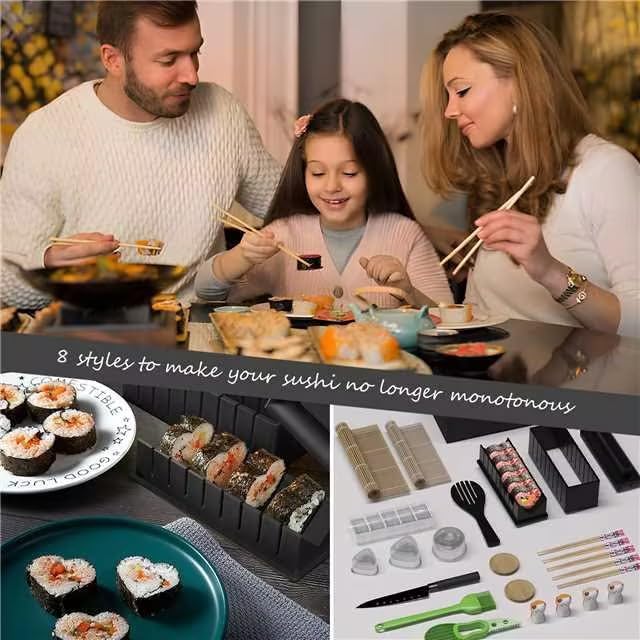 HI NINGER Kit completo de fabricación de sushi para principiantes con cuchillo de chef, tapete de balanceo de sushi de bambú, triángulodonutsmolde