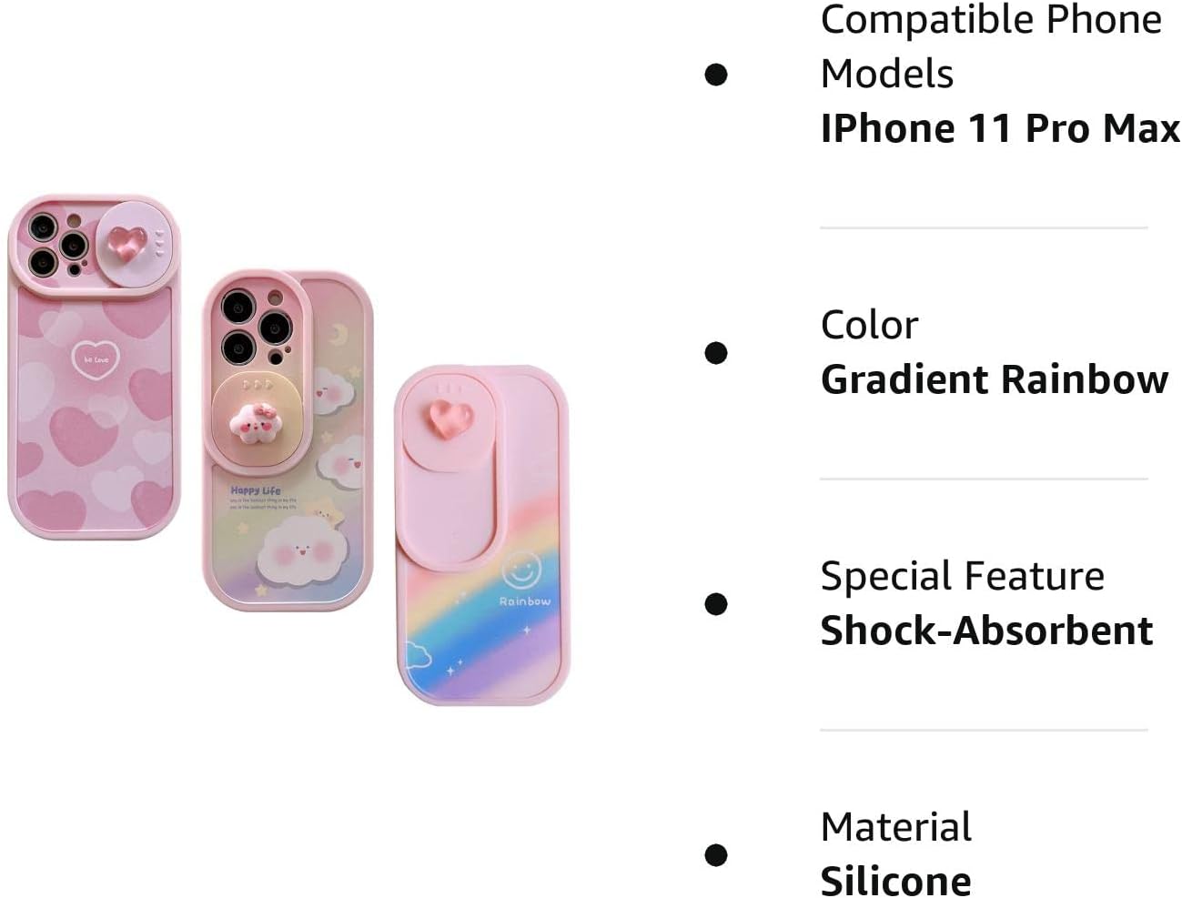bafokrim Funda de teléfono Kawaii súper protectora para iPhone 11 Pro Max, diseño de arco iris rosa con protector de lente de cámara para mujeres y