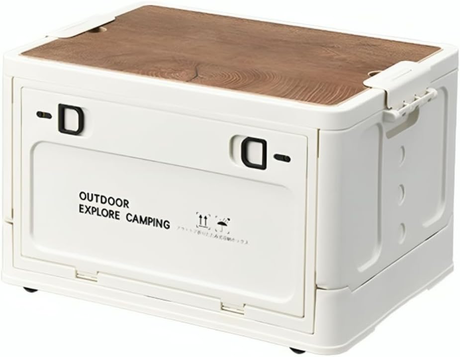 Contenedores de almacenamiento plegables para campamento, caja de almacenamiento apilable con tapa de madera y ruedas, cajón de almacenamiento de