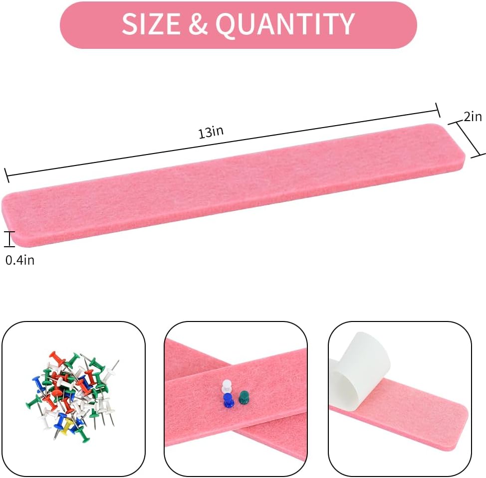 Vuzvuv 8 tiras de barra de corcho rosa con 50 alfileres y notas adhesivas, tiras autoadhesivas para tablón de anuncios que no dañan la pared,