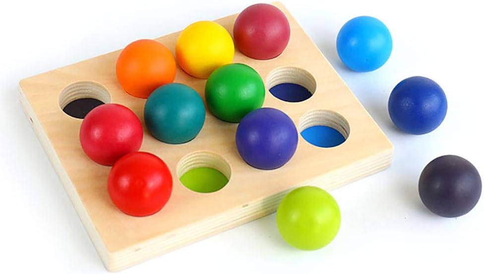 Pelotas de madera arcoíris con bandeja, 12 piezas de clasificación y juego educativo Montessori juguete para niños pequeños, bolas más grandes para