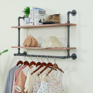2 niveles, 40 x 12 pulgadas, negro y marrón, perchero de pared con estantes, barra industrial para colgar ropa, ahorro de espacio, fácil montaje, 2 niveles, 40 x 12 pulgadas, negro y marrón, perchero de pared con estantes, barra industrial para colgar ropa, ahorro de espacio, fácil montaje,