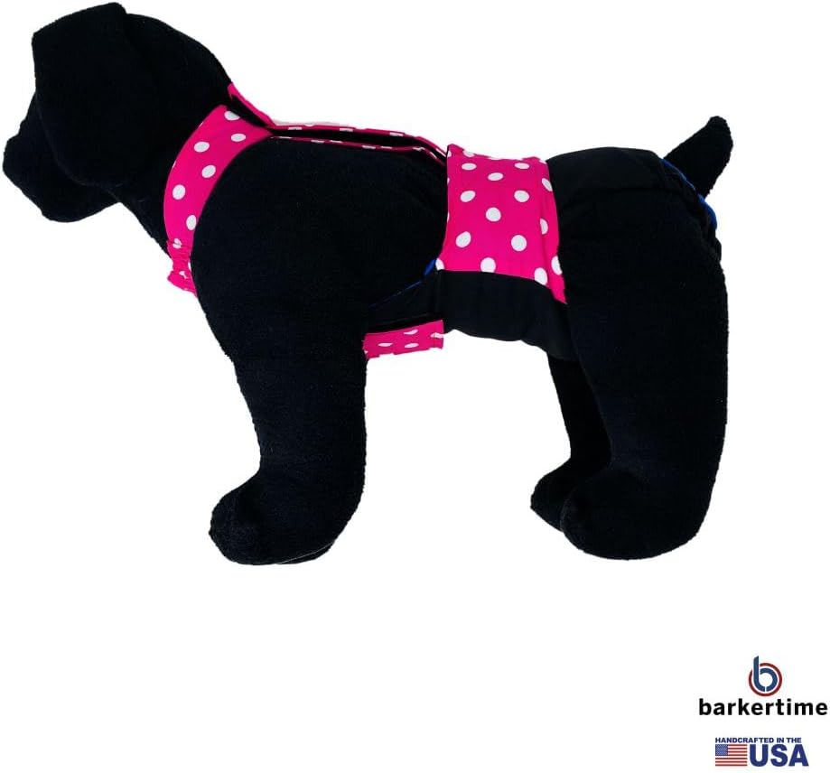 Pañal para perro de alta calidad, impermeable, a prueba de escapes, con lunares rosados sobre negro, talla M, sin agujero para la cola, fabricado en