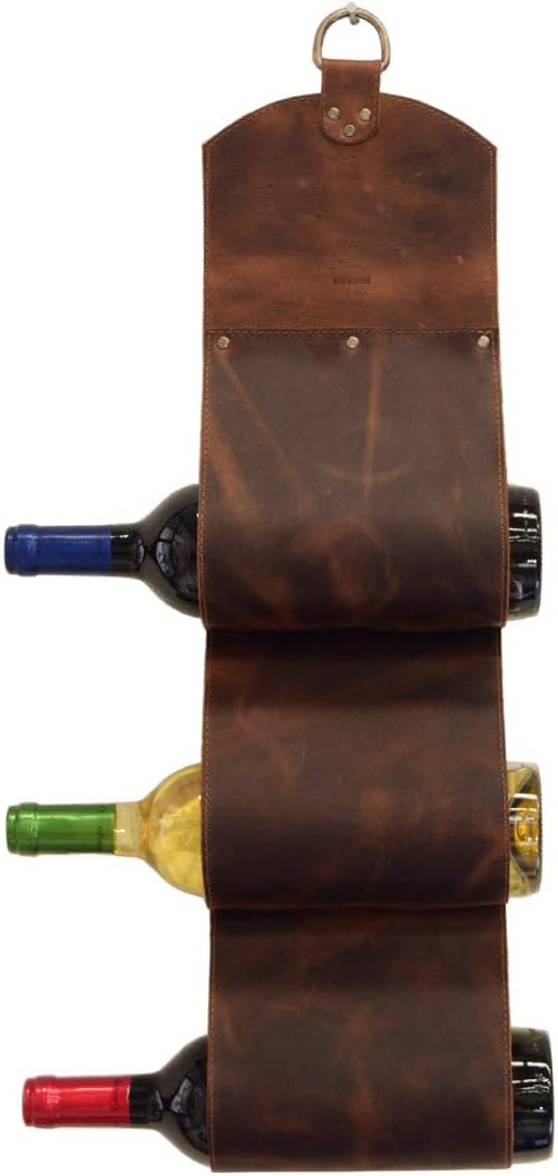 Hide & Drink, Botellero de cuero 3 botellas, montado en la pared, almacenamiento moderno, accesorios para el hogar y la cocina, hecho a mano Incluye