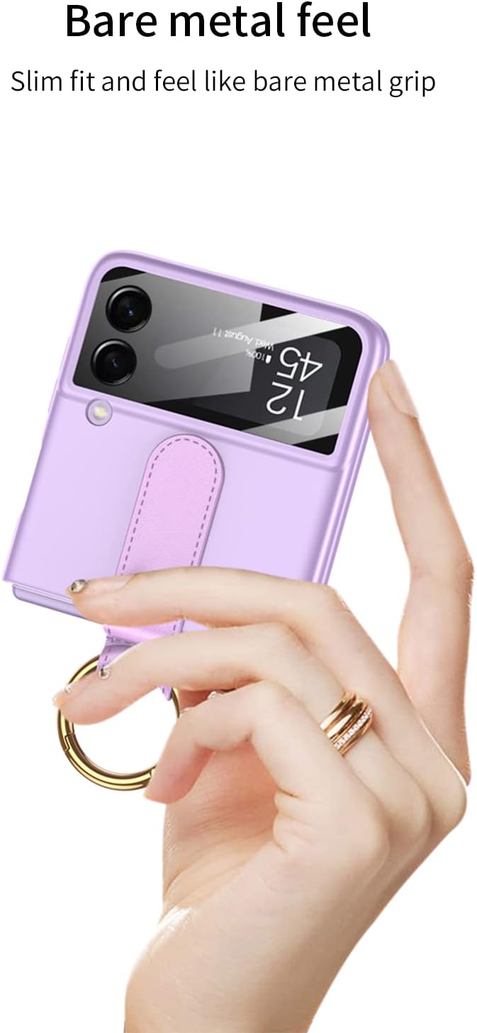 Funda para Galaxy Z Flip 4 con soporte de anillo y correa de vidrio 9H, protector de pantalla para lente de cámara de vidrio ultra fino, funda de