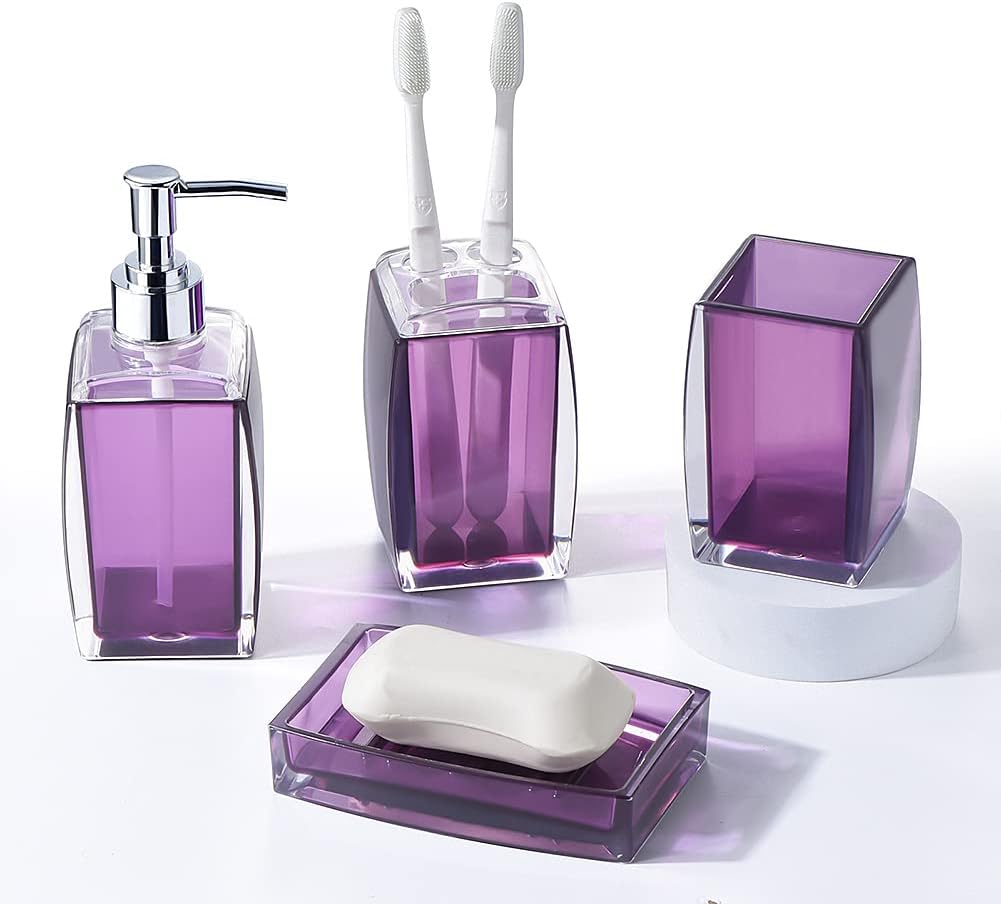 Yueranhu Juego de accesorios de baño morados, juego de regalo de decoración de baño acrílico de 4 piezas, soporte para cepillos de dientes, vaso