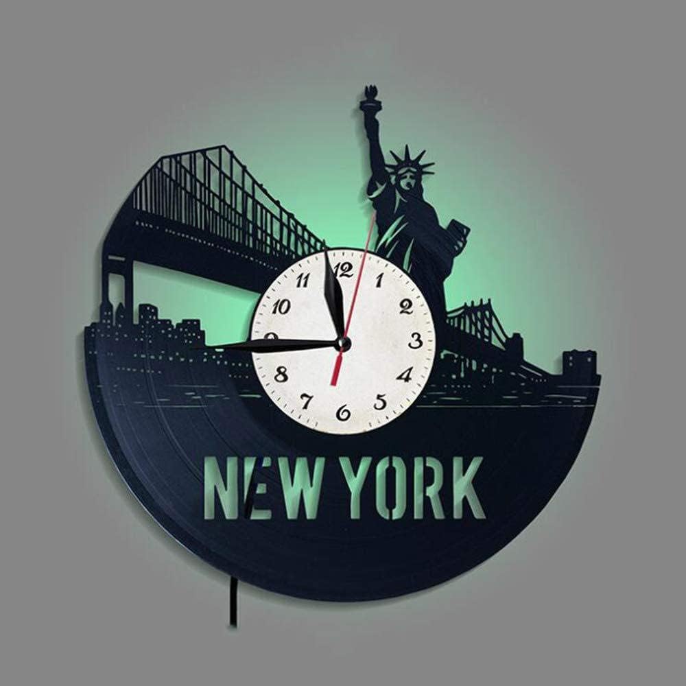 Reloj de pared con disco de vinilo de la ciudad de Nueva York, regalos de decoración de 7 colores, luz nocturna