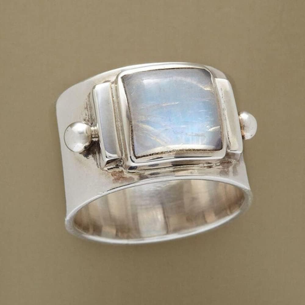 Anillos de plata vintage, anillo conmemorativo de compromiso con piedra lunar y gema natural, tamaño 5-11 para mujeres y niñas (10)