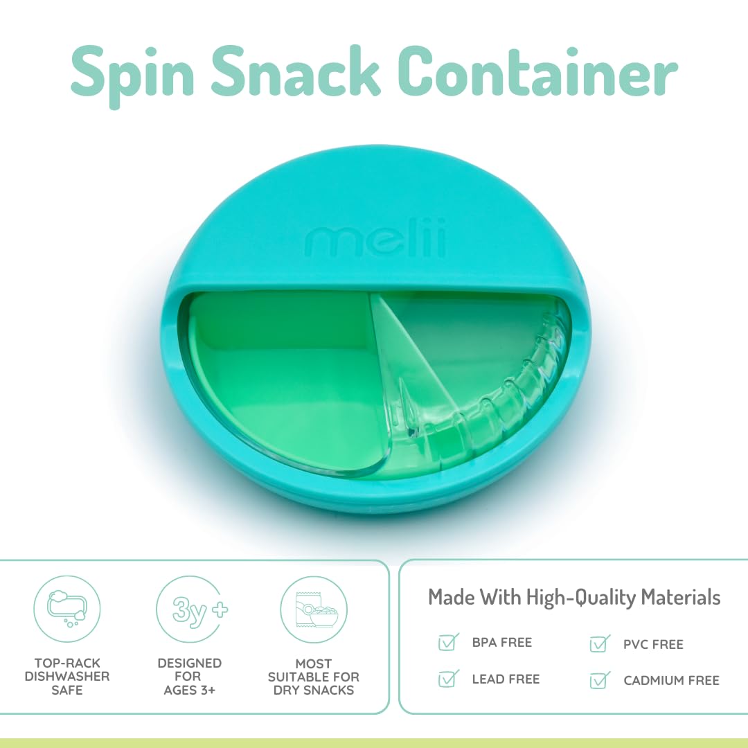 melii Contenedor giratorio para aperitivos, almacenamiento de alimentos para niños, sin BPA, apto para lavavajillas, 3 compartimentos (azul)