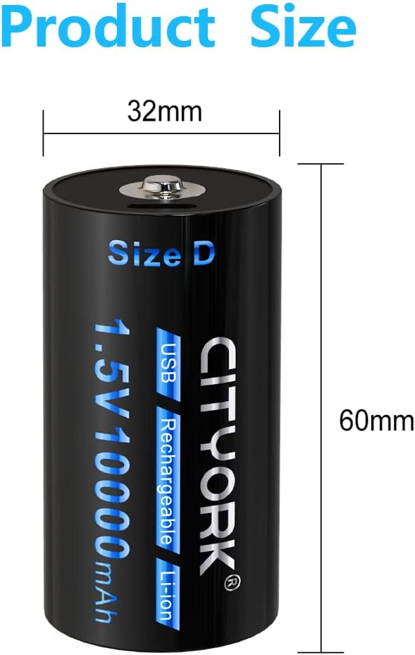CITYORK Paquete de 2 baterías de litio recargables USB de 10000 mAh, puerto USB tipo C, batería de iones de litio de 1.5 V de salida constante,