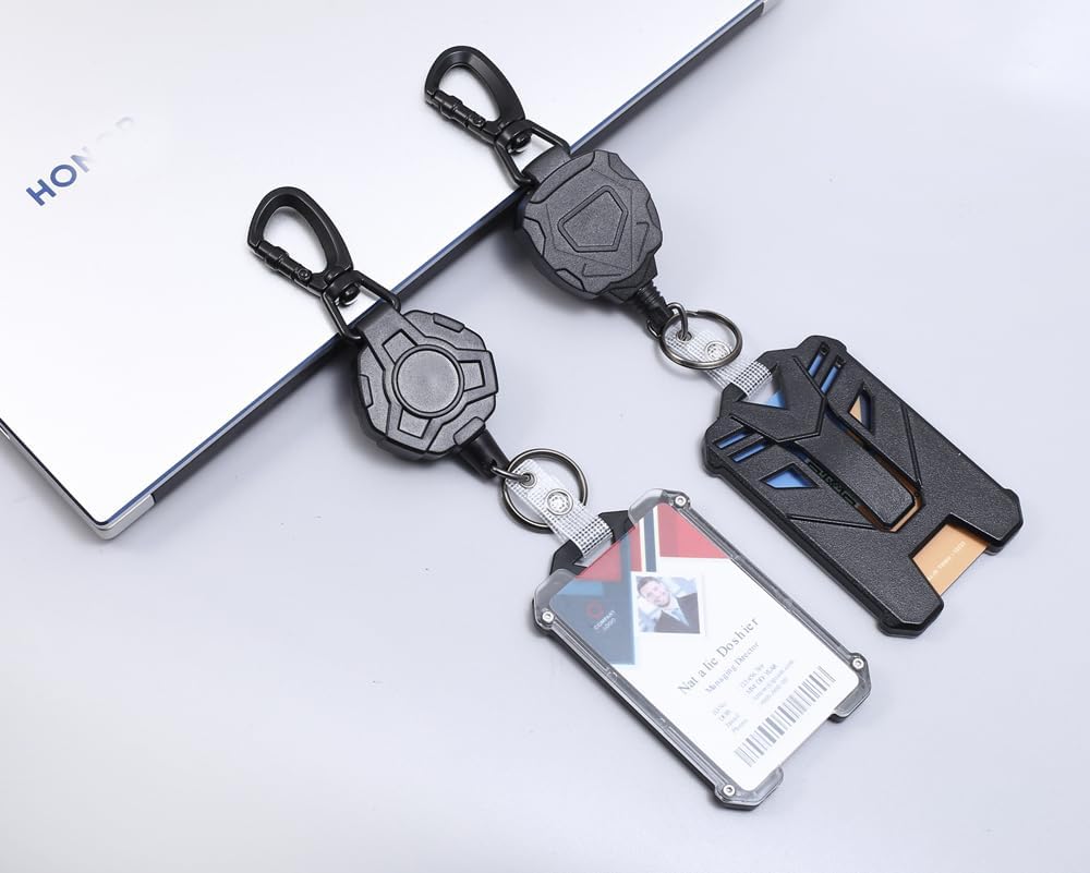 COOKOOKY Soporte retráctil con clip retráctil, mosquetón de alta resistencia, llavero con soporte para tarjetas de identificación, soporte de