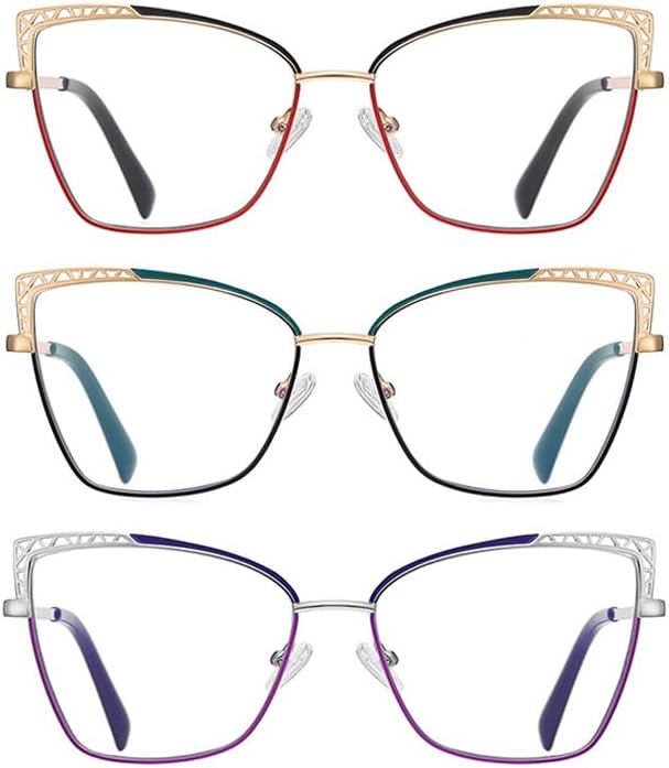 Paquete de 3 lentes de lectura progresivos de ojo de gato con marco hueco de metal, lentes de lectura multienfoque, elegantes con bloqueo de luz azul