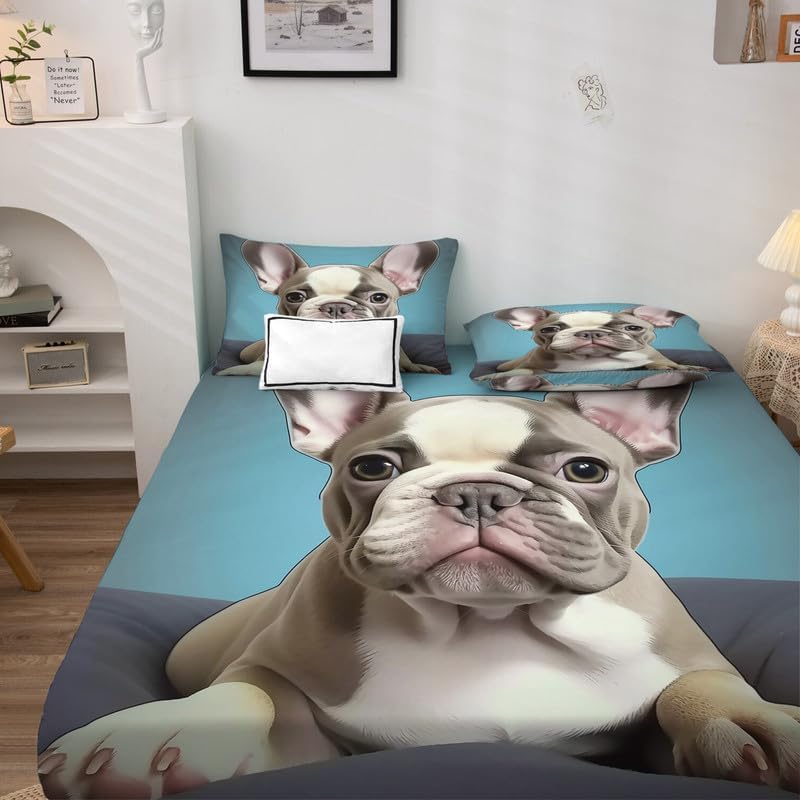 zcsm Juego de sábanas de Bulldog Francés tamaño Queen, sábanas de microfibra suave y bolsillo profundo, sábanas y fundas de almohada estampadas sin