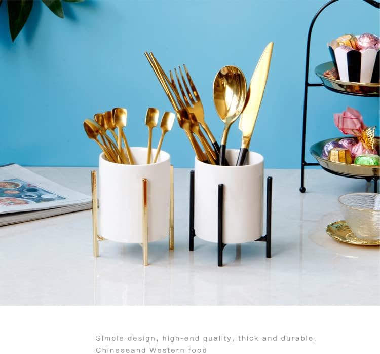 SIEBOLD Soporte resistente para bolígrafo para escritorio de cerámica, vaso de lápiz de combinación simple con soporte de metal negro (4.6 – 3.14