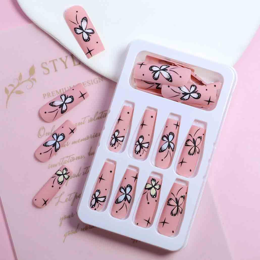 Foccna Uñas postizas largas a presión, color rosa, cuadradas, francesas, para verano, color morado, cobertura completa, con diamantes de imitación,