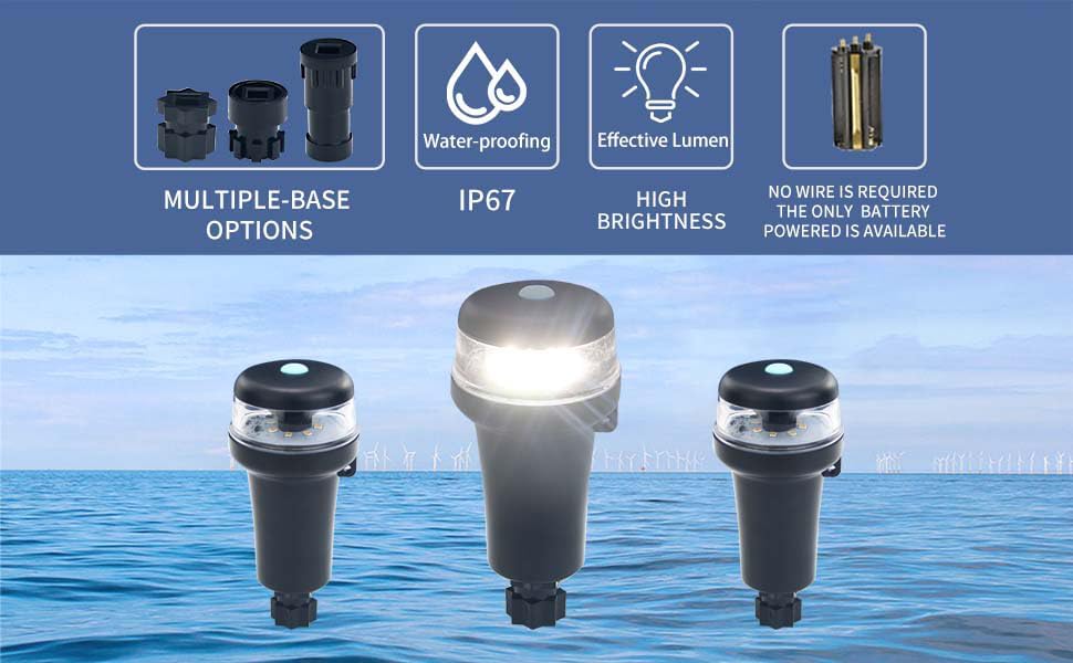 CLGMarine Kayak Battery Portable Navigation LED Lights Multi- Adaptors 3AA Battery Inflatable Boat Surface Mount Adhesive Base (White (With